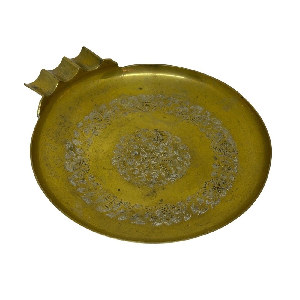 VTG Brass Ashtray Gold Etched Floral Tabletop Cigarette Stand India 877 Round